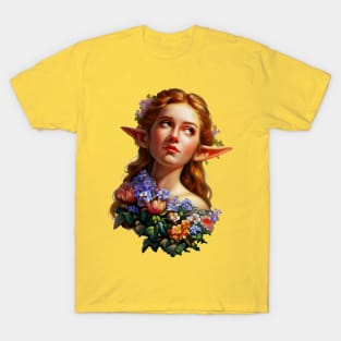 Baroque Elven Girl with Flowers Vintage Kitsch Design T-Shirt